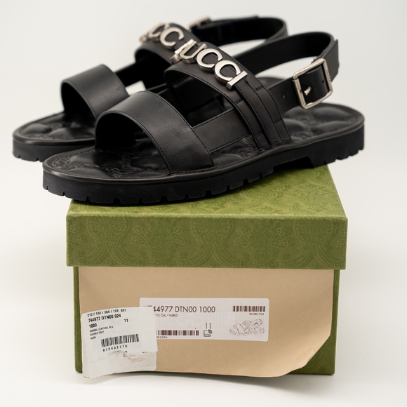 size 11G 11.5 US Gucci Leather Sandals Black Silver Logo Strap Buckle main image 12